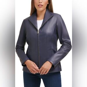 Cole Haan Dark Blue Wing Collar Leather Leather Jacket SZ SM